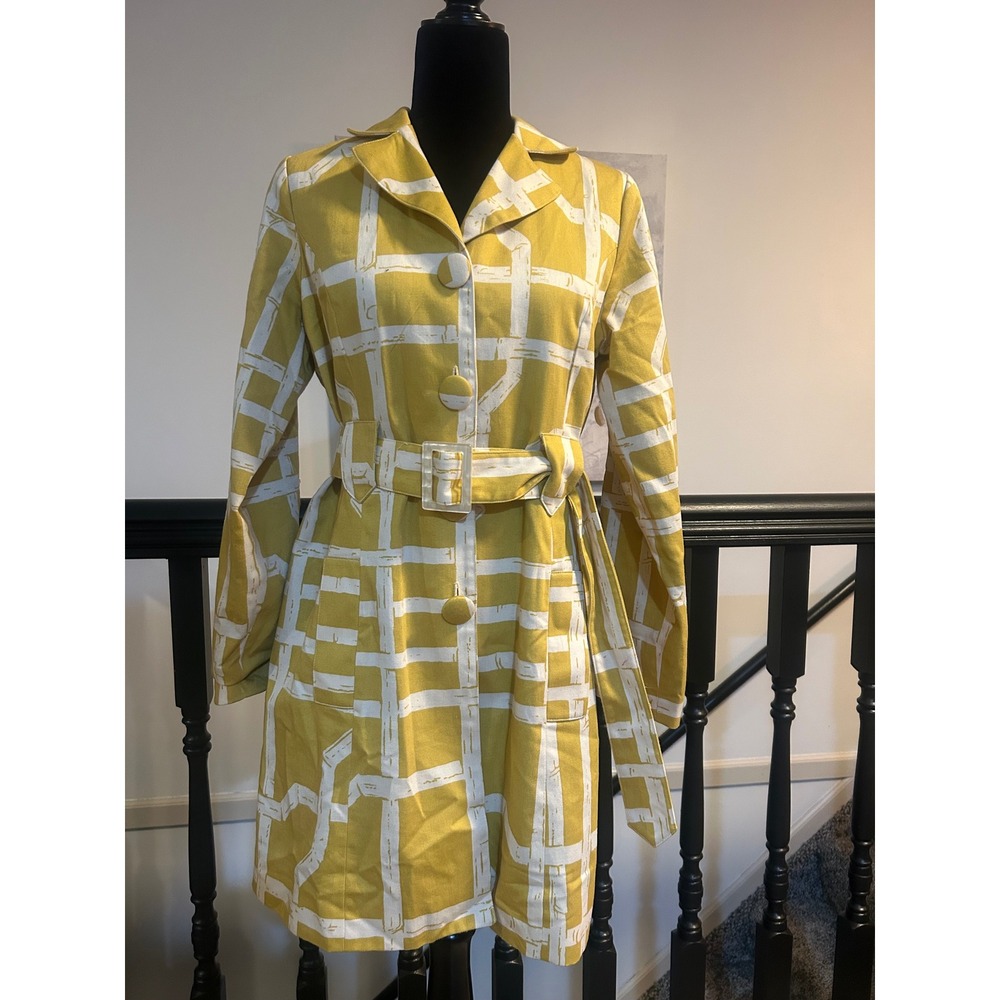 Vintage Style Yellow White Bamboo Print Belted Trench Coat Turquoise Lining